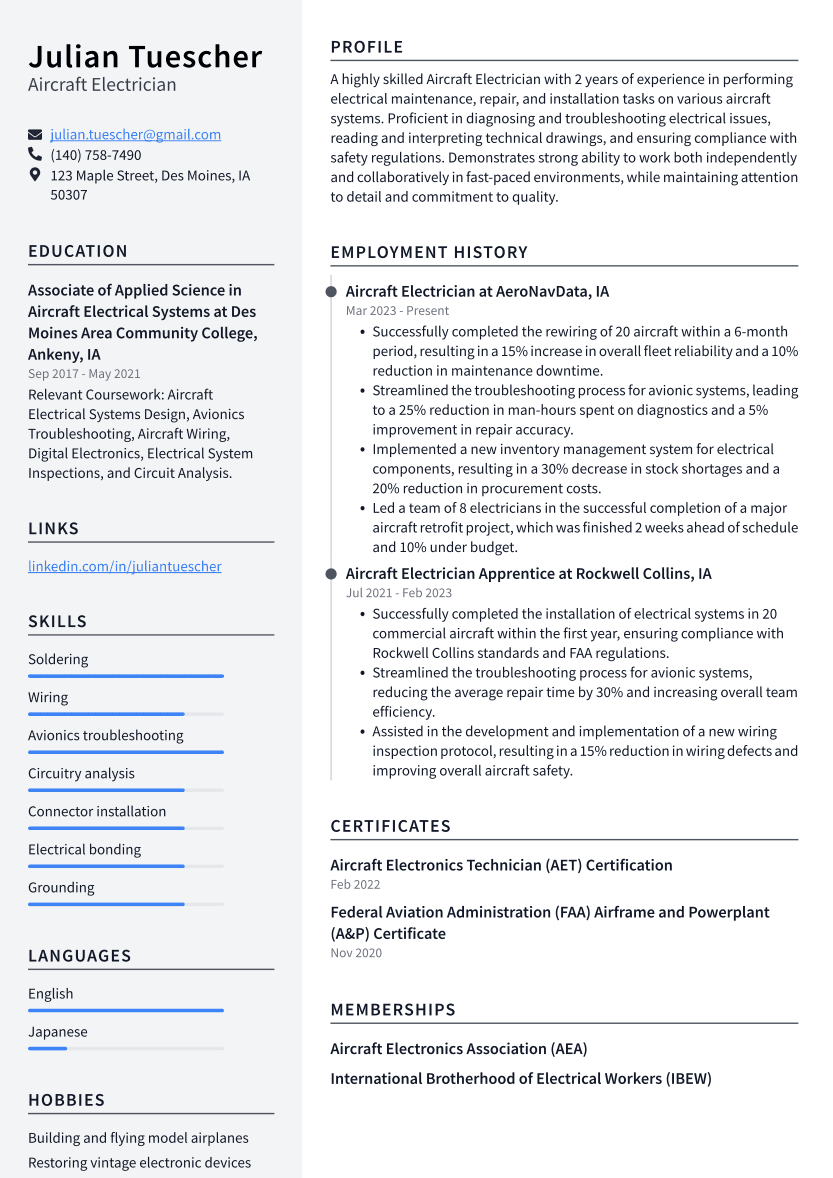 Aircraft Electrician Resume Examples And Templates
