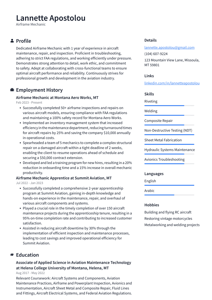 Airframe Mechanic Resume Example