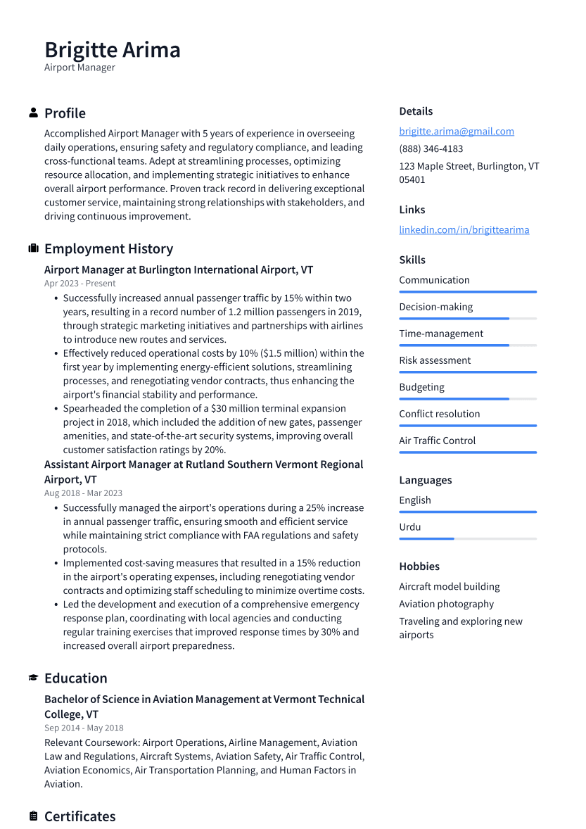 Airport Manager Resume Example