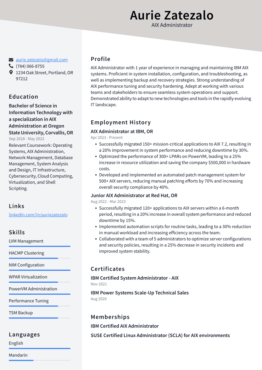 AIX Administrator Resume Example