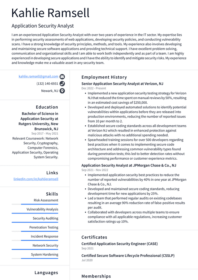 Amazon Application Security Analyst Resume Example