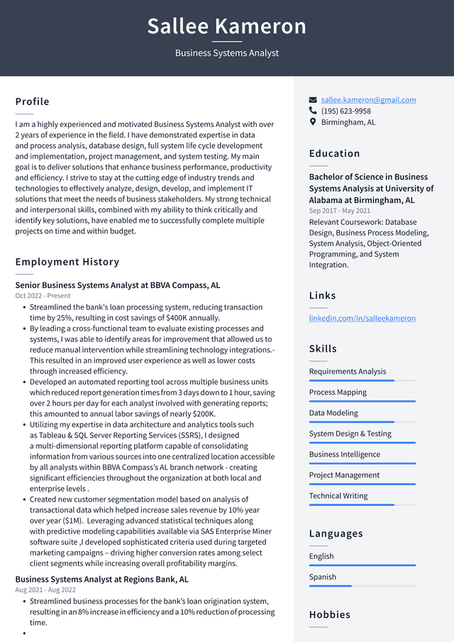 Amazon Business Systems Analyst Resume Example