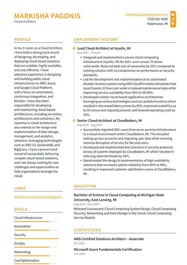 Amazon Cloud Architect Resume Example