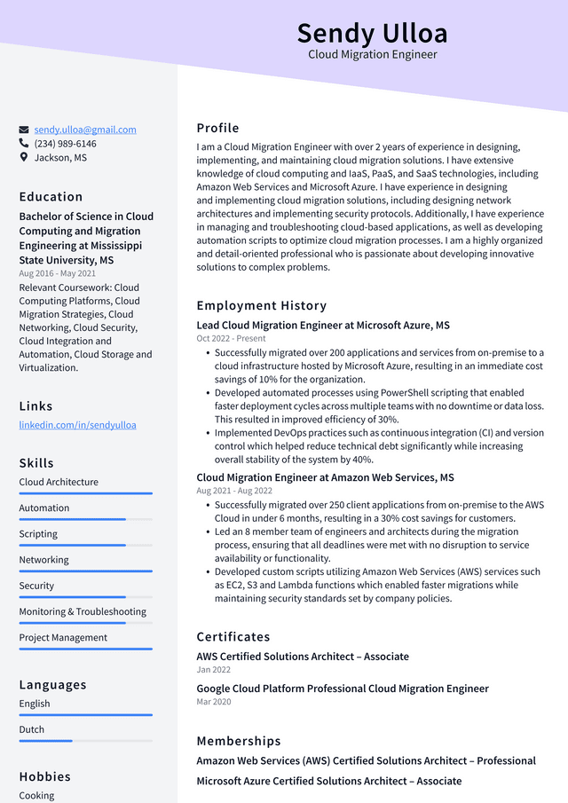 Amazon Cloud Migration Engineer Resume Example