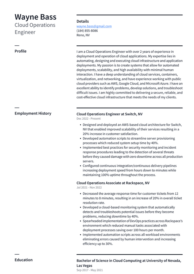 Amazon Cloud Operations Engineer Resume Example