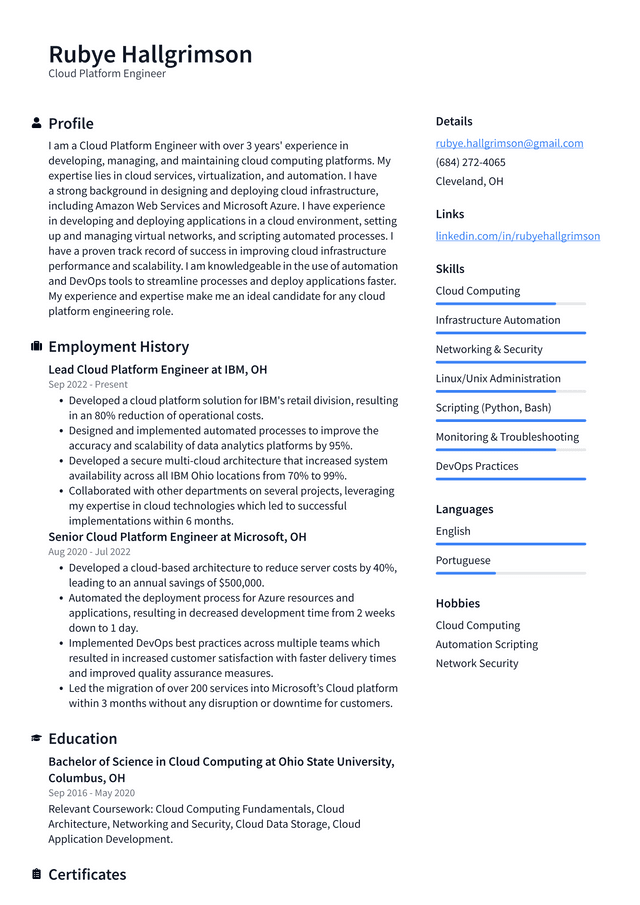 Amazon Cloud Platform Engineer Resume Example