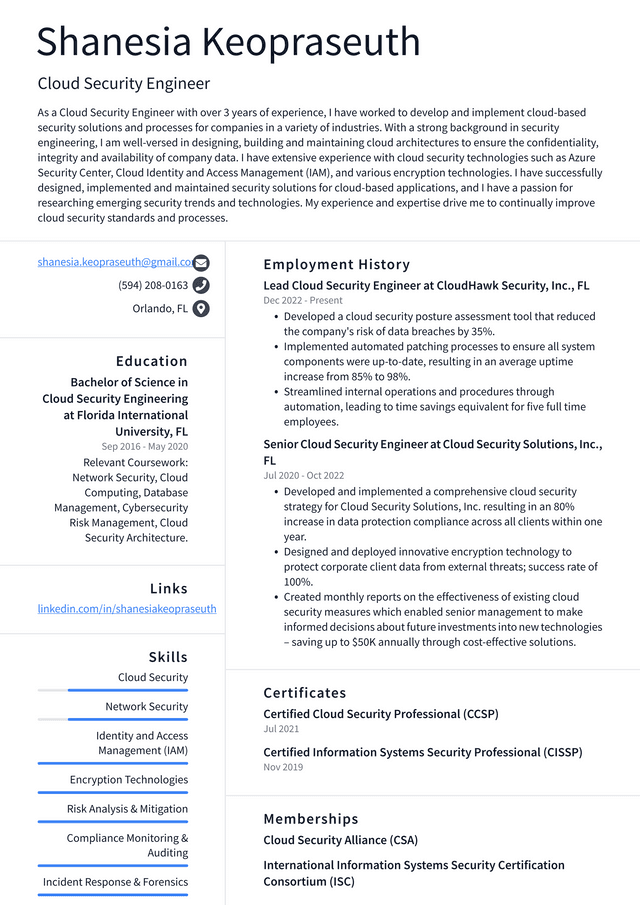 Amazon Cloud Security Engineer Resume Example