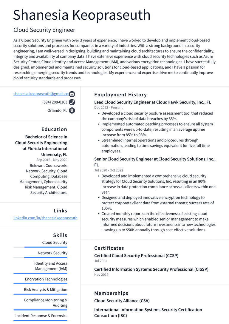 Amazon Cloud Security Engineer Resume Examples | ResumeCat