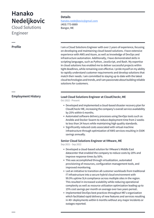 Amazon Cloud Solutions Engineer Resume Example