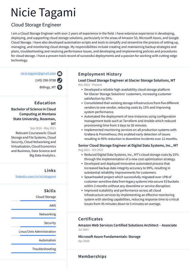 Amazon Cloud Storage Engineer Resume Example