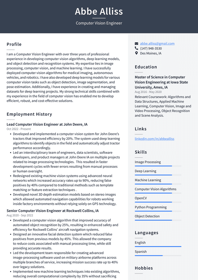 Amazon Computer Vision Engineer Resume Example