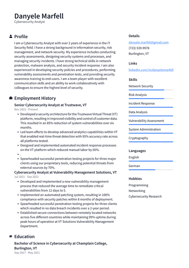 Amazon Cybersecurity Analyst Resume Example