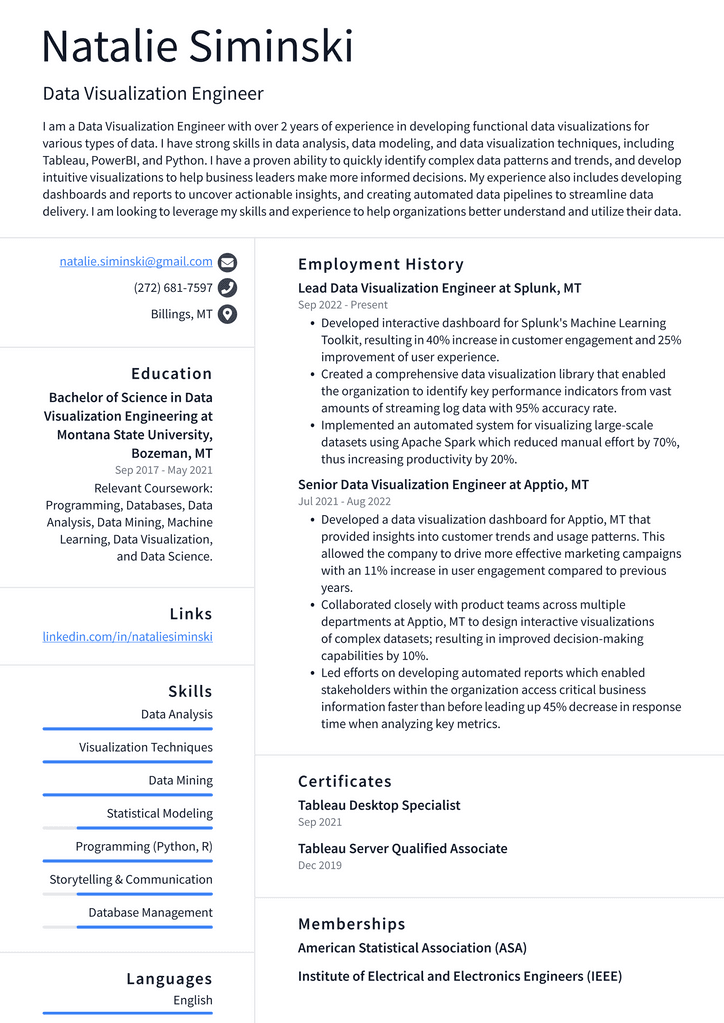 Amazon Data Visualization Engineer Resume Examples