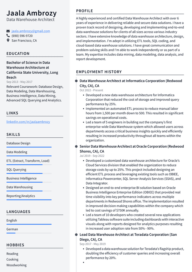 Amazon Data Warehouse Architect Resume Example