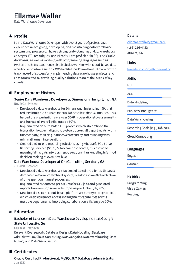 Amazon Data Warehouse Developer Resume Example