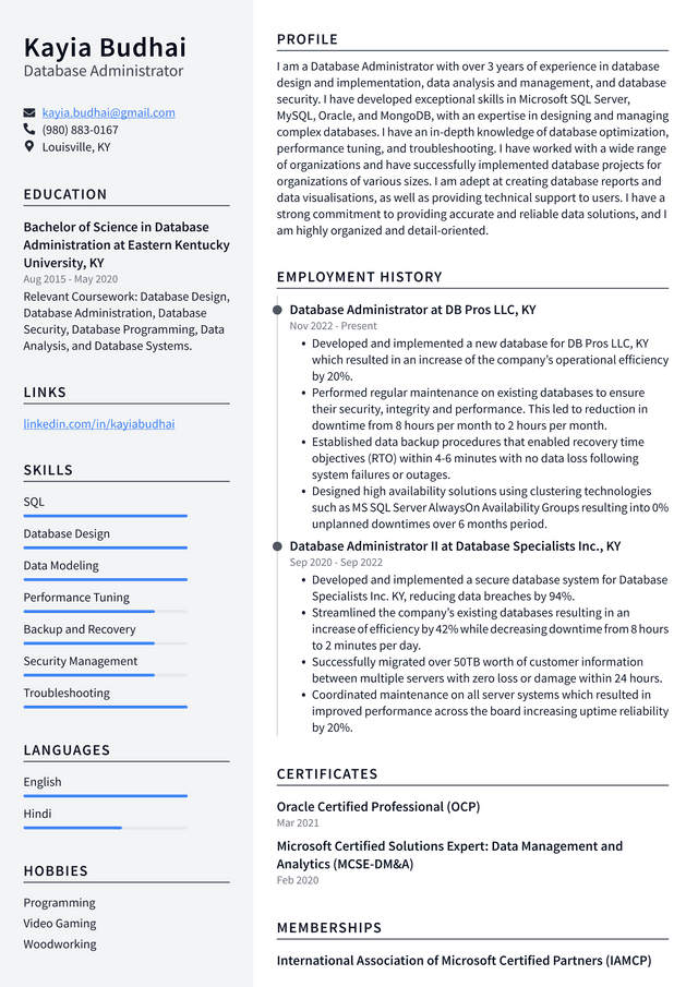 Amazon Database Administrator Resume Example