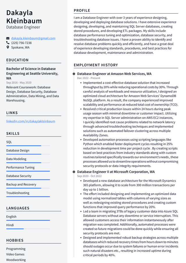 Amazon Database Engineer Resume Example
