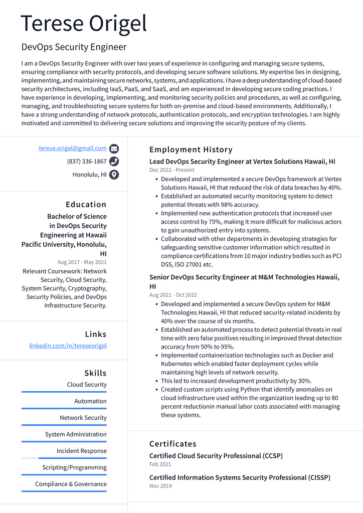 Amazon DevOps Security Engineer Resume Examples | ResumeCat