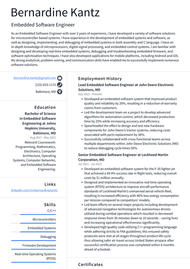 Amazon Embedded Software Engineer Resume Example