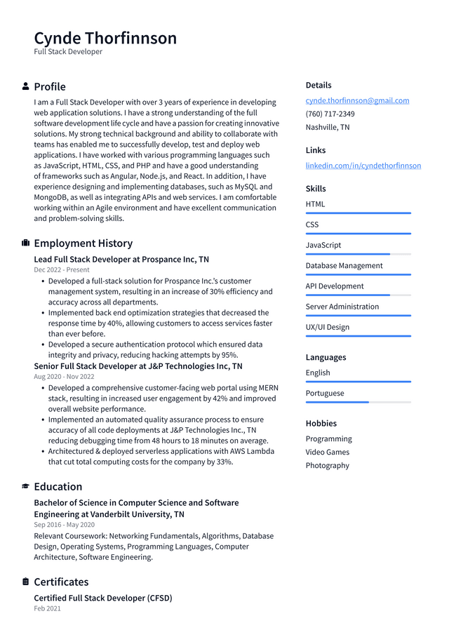 Full Stack Developer Resume Examples