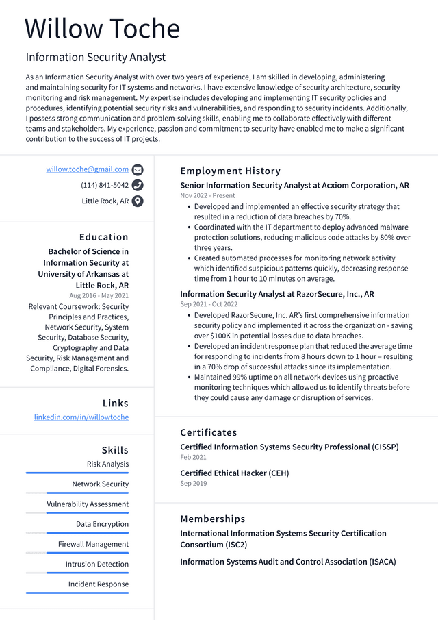 Amazon Information Security Analyst Resume Example