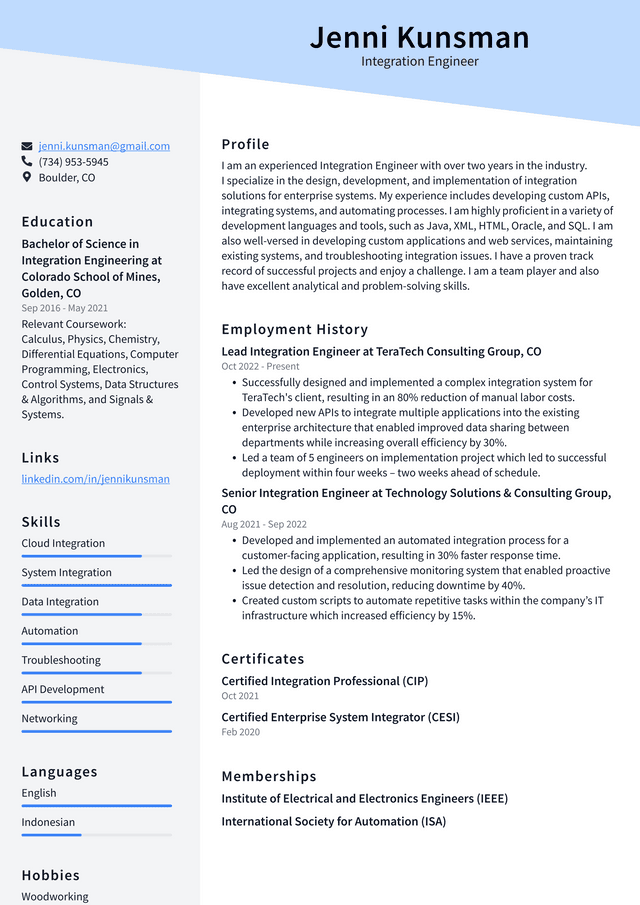 Amazon Integration Engineer Resume Example