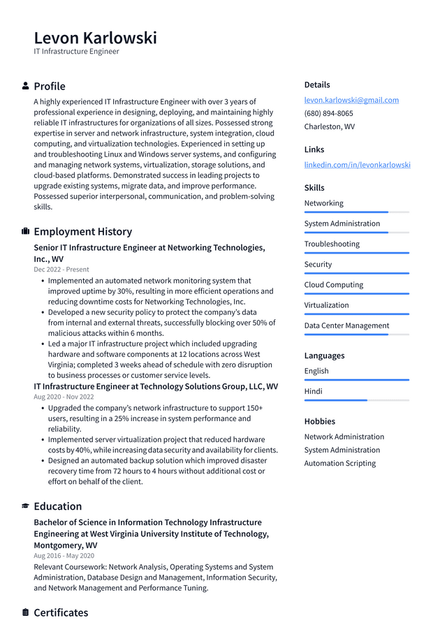 Amazon IT Infrastructure Engineer Resume Example