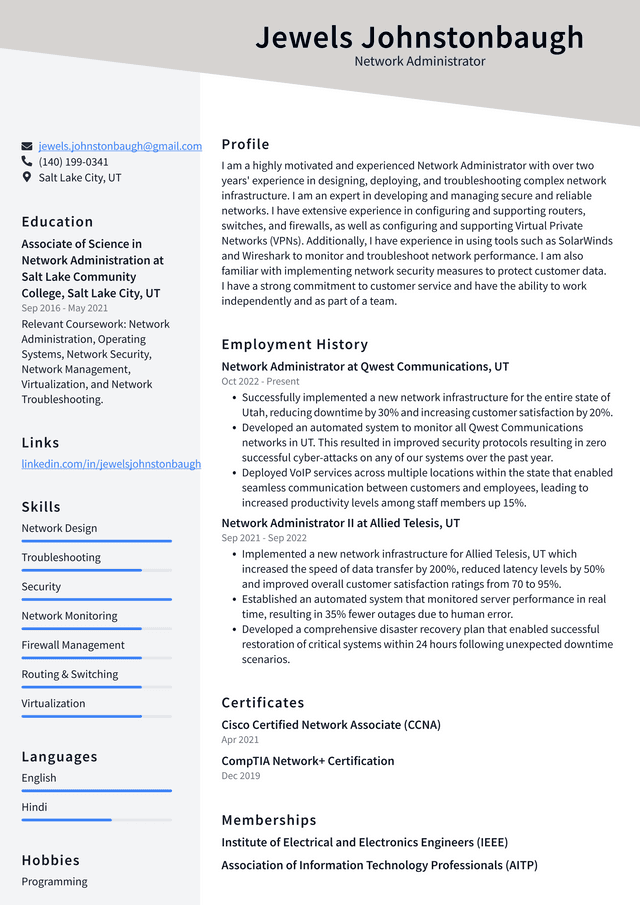Amazon Network Administrator Resume Example