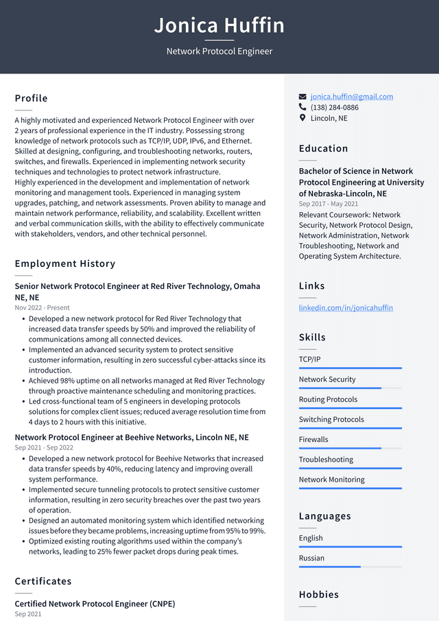 Amazon Network Protocol Engineer Resume Example