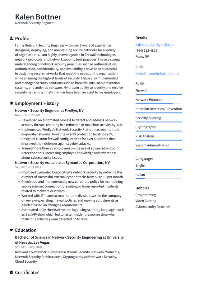 Amazon Network Security Engineer Resume Example