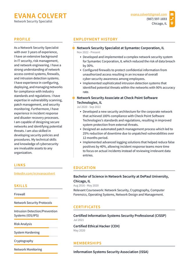 Amazon Network Security Specialist Resume Example