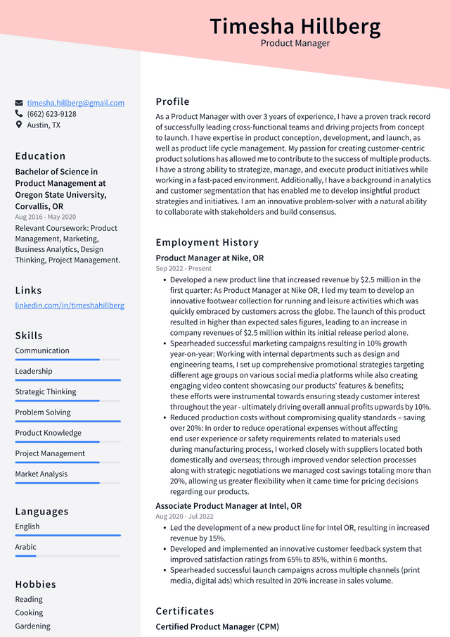 Amazon Product Manager Resume Example