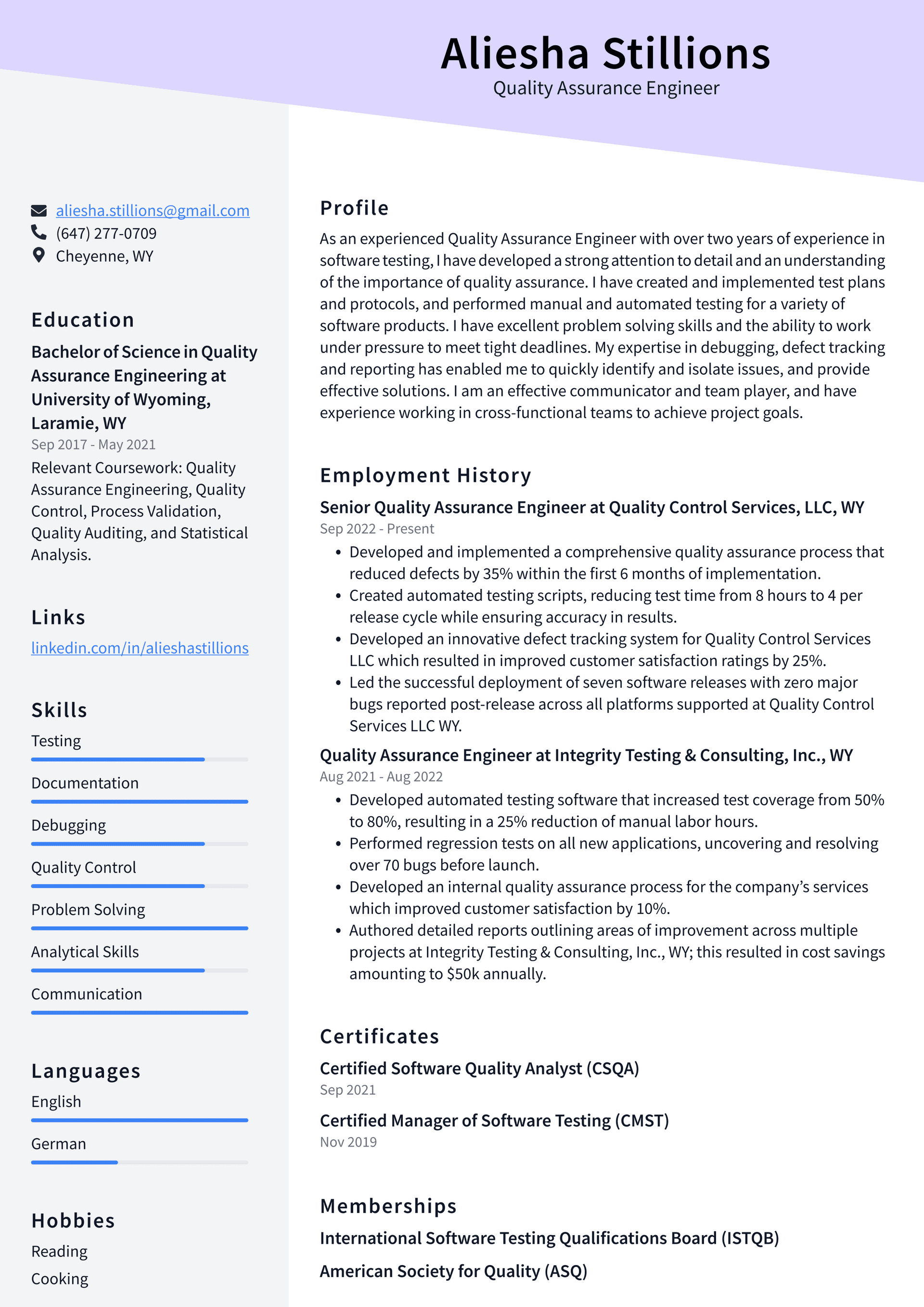 Amazon Quality Assurance Engineer Resume Examples