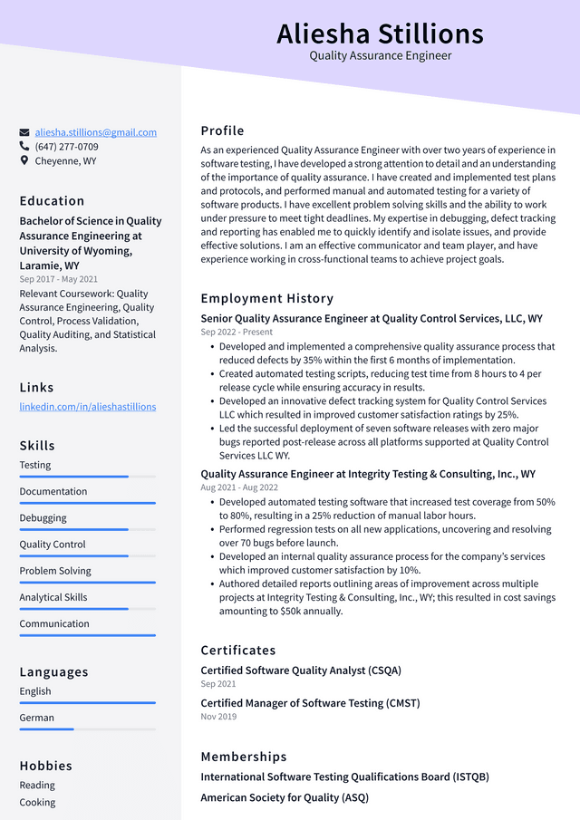 Amazon Quality Assurance Engineer Resume Example