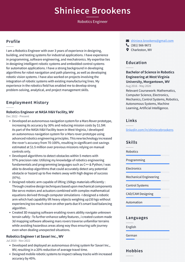 Amazon Robotics Engineer Resume Example