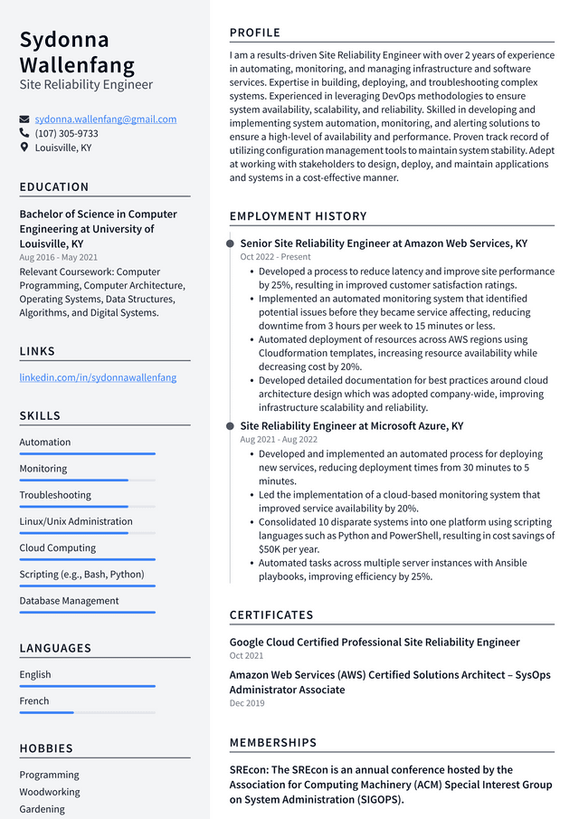 Amazon Site Reliability Engineer Resume Example