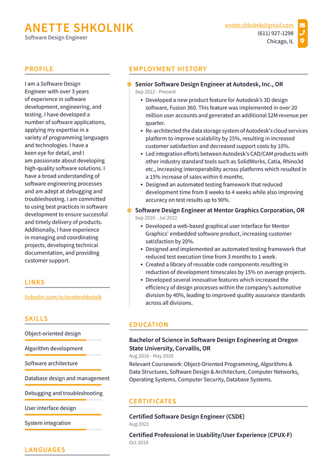 Amazon Software Design Engineer Resume Example