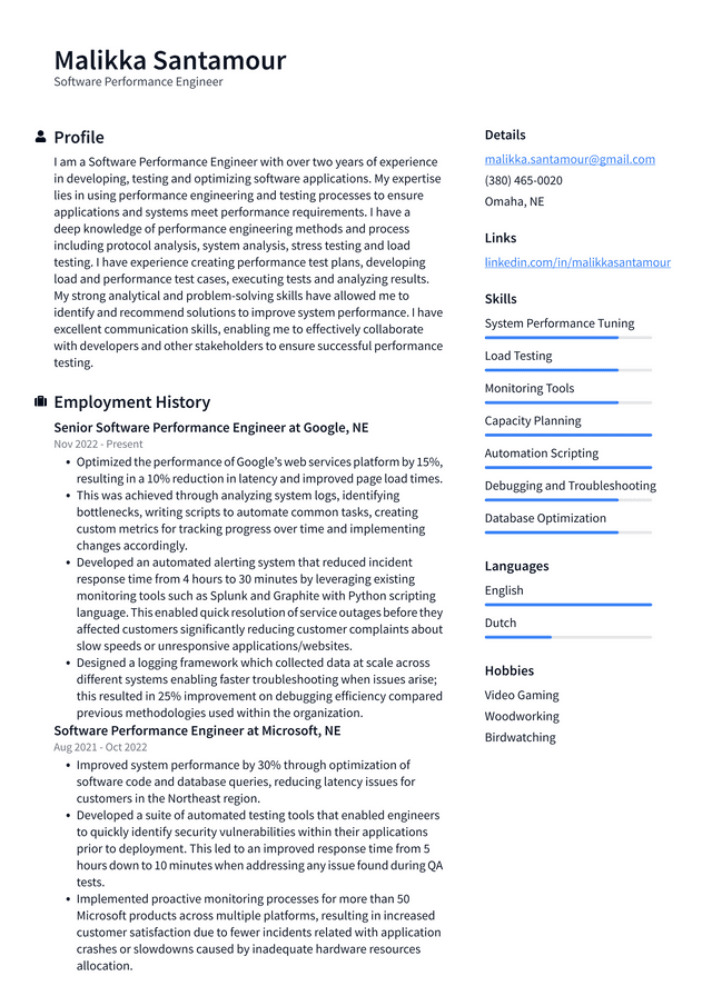 Amazon Software Performance Engineer Resume Example