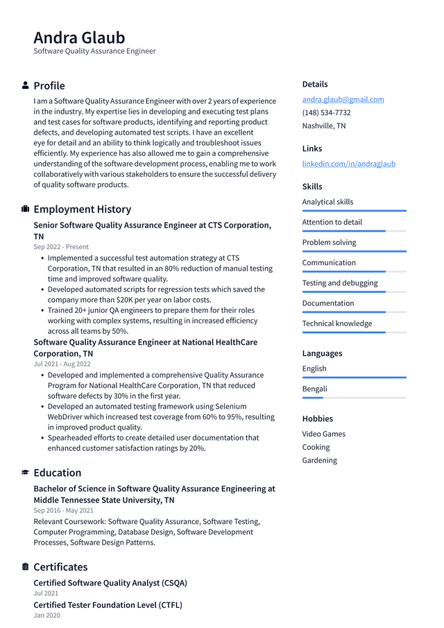 Amazon Software Quality Assurance Engineer Resume Example