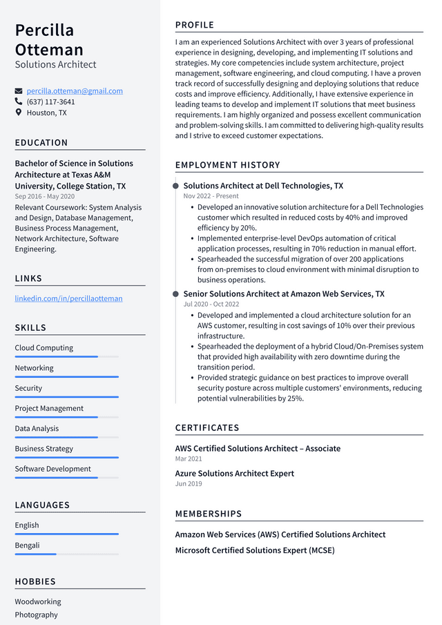 Amazon Solutions Architect Resume Example