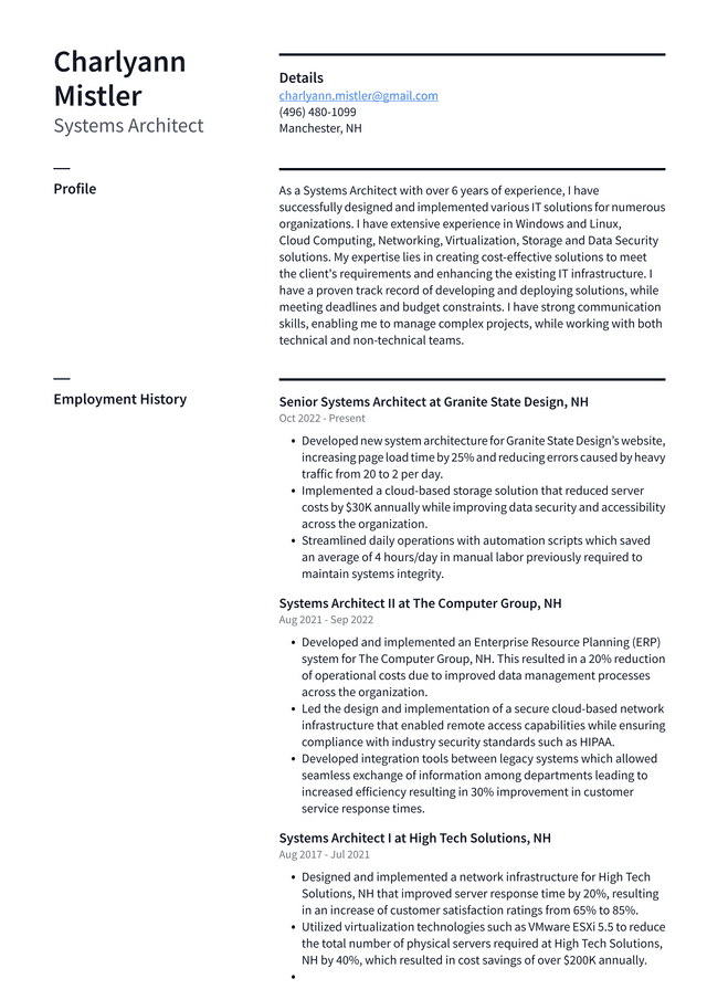 Amazon Systems Architect Resume Example