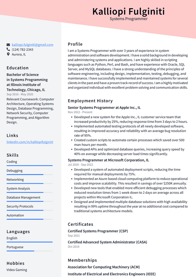 Amazon Systems Programmer Resume Example