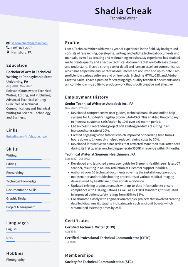 Amazon Technical Writer Resume Example