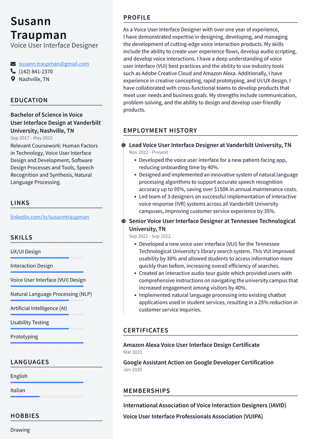 Amazon Voice User Interface Designer Resume Example