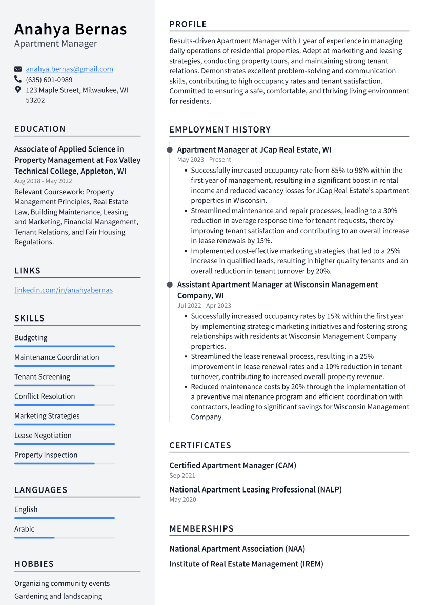 Apartment Manager Resume Example