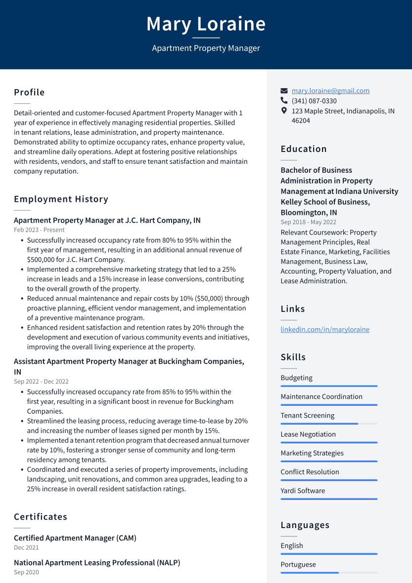 Apartment Property Manager Resume Example
