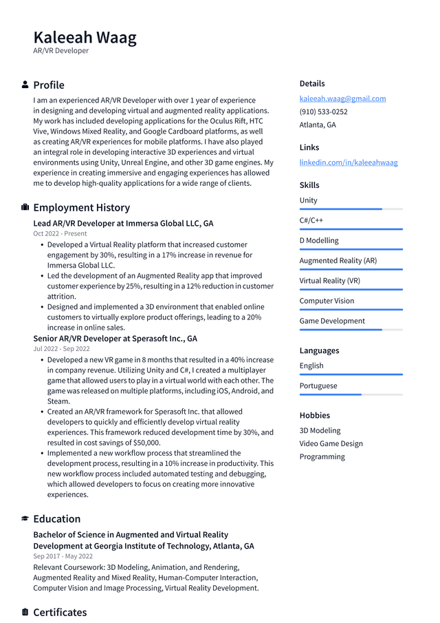 Apple AR/VR Developer Resume Example