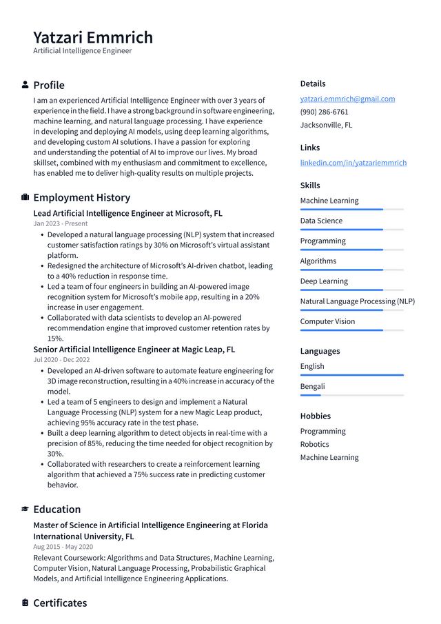 Apple Artificial Intelligence Engineer Resume Example