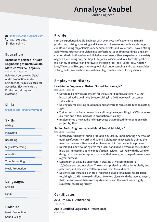 Apple Audio Engineer Resume Example