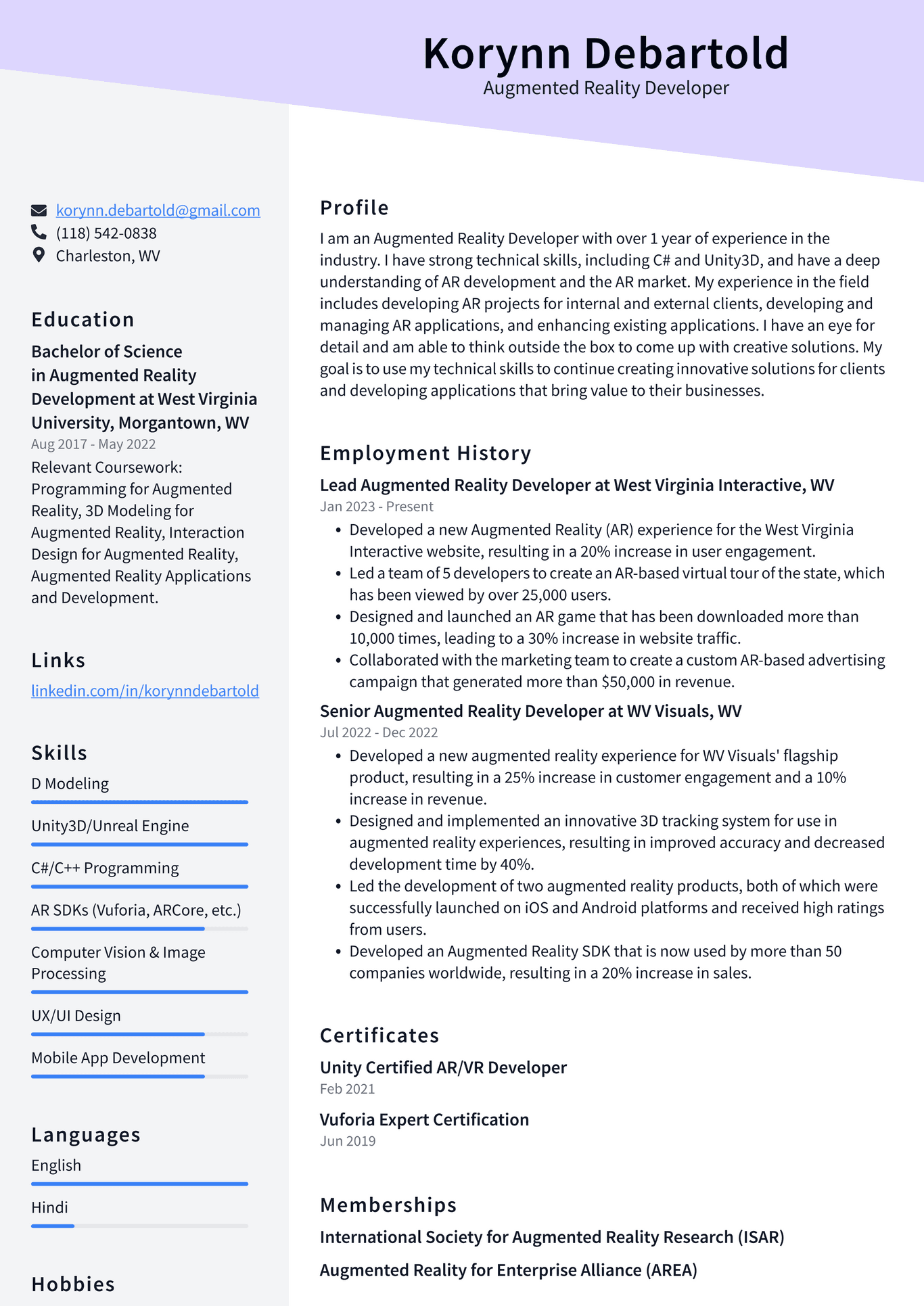 Apple Augmented Reality Developer Resume Examples